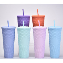 Custom Logo DIY Double Wall Plastic Tumbler Cup Matte Color Pastel Tumbler Studded Tumbler with Straw and Lid